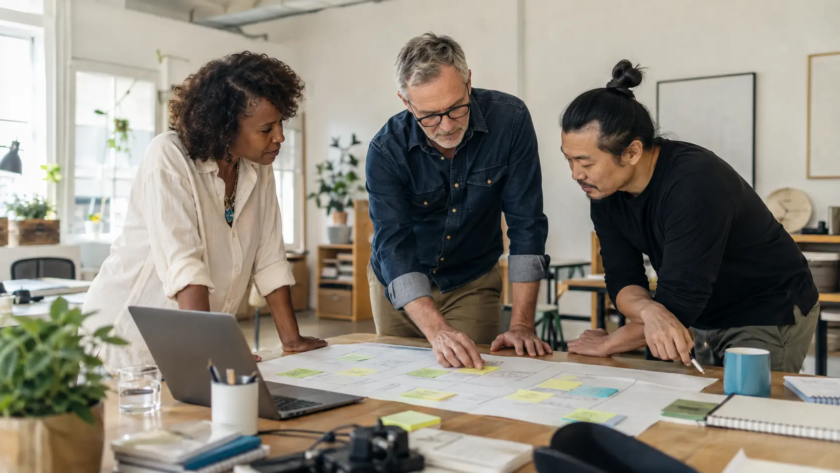 Automation specialists mapping an operational workflow with physical notes and laptops