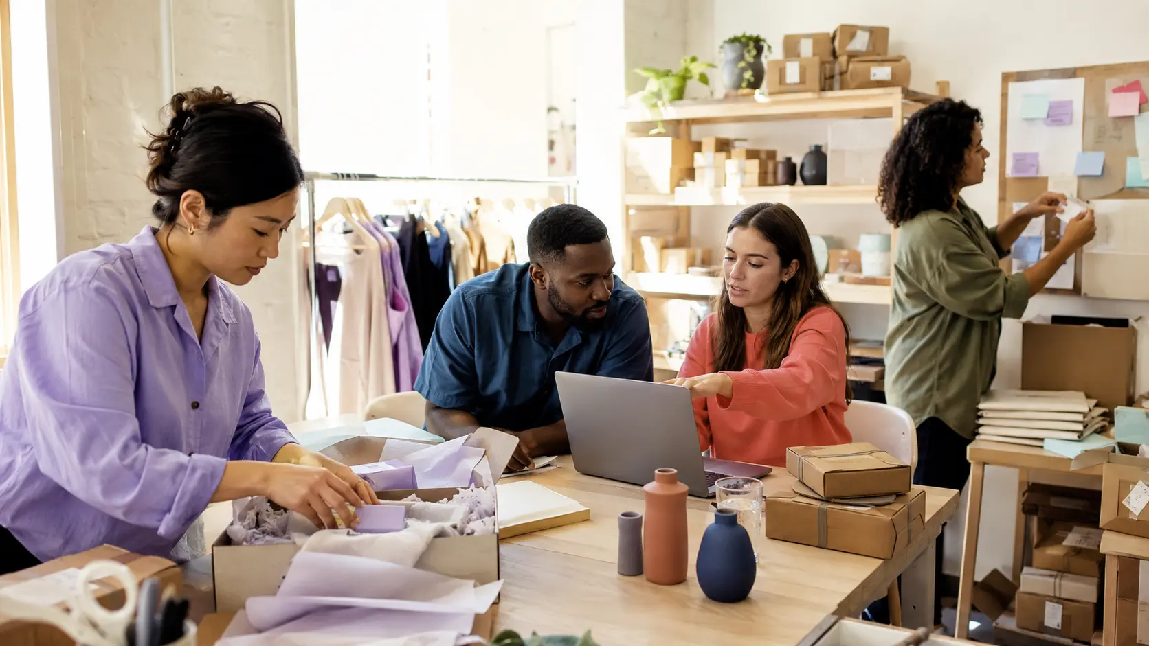 Ecommerce operators and a UX lead reviewing a storefront in a bright fulfillment studio