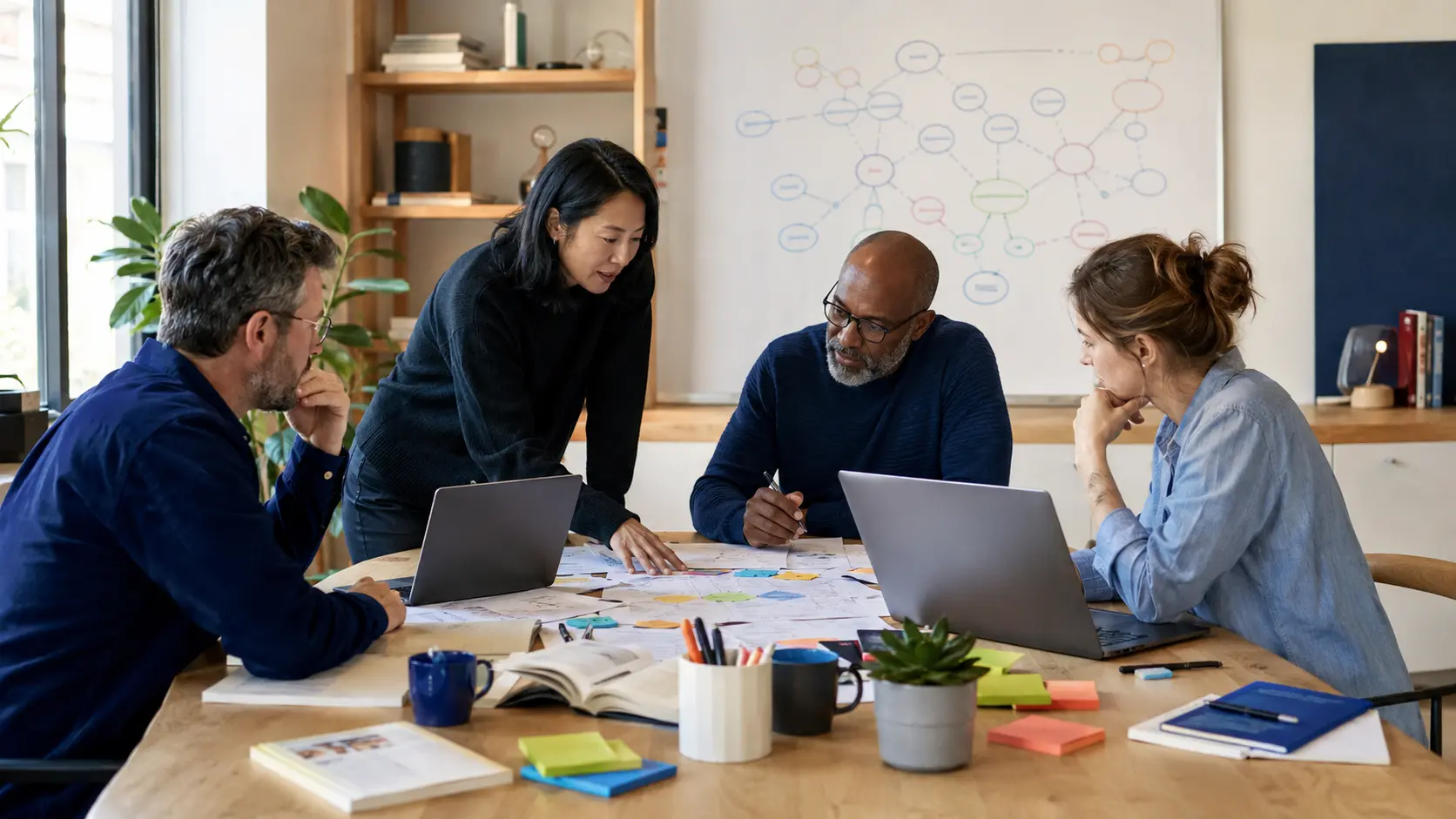 SEO and content strategists mapping topic clusters in an editorial research studio