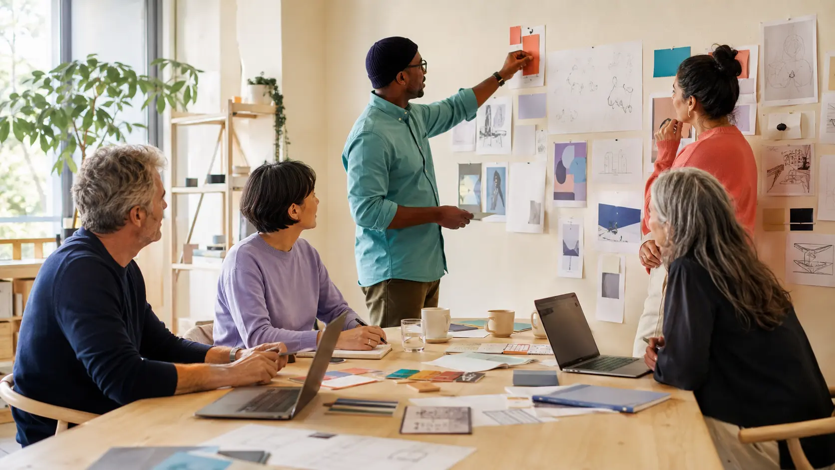 A multidisciplinary team sharing feedback during a candid studio critique session